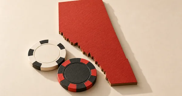 A paper silhouette of Alberta and two different casino chips