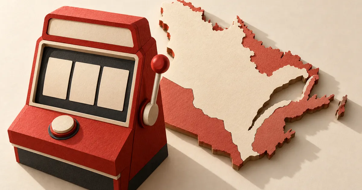 A slot machine beside a paper map of Quebec and eastern Canada
