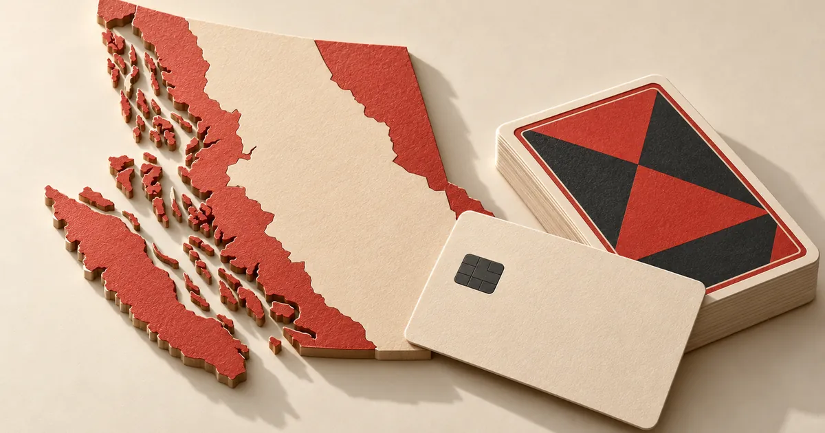 A paper map of British Columbia, a closed deck of cards and a plain bank card
