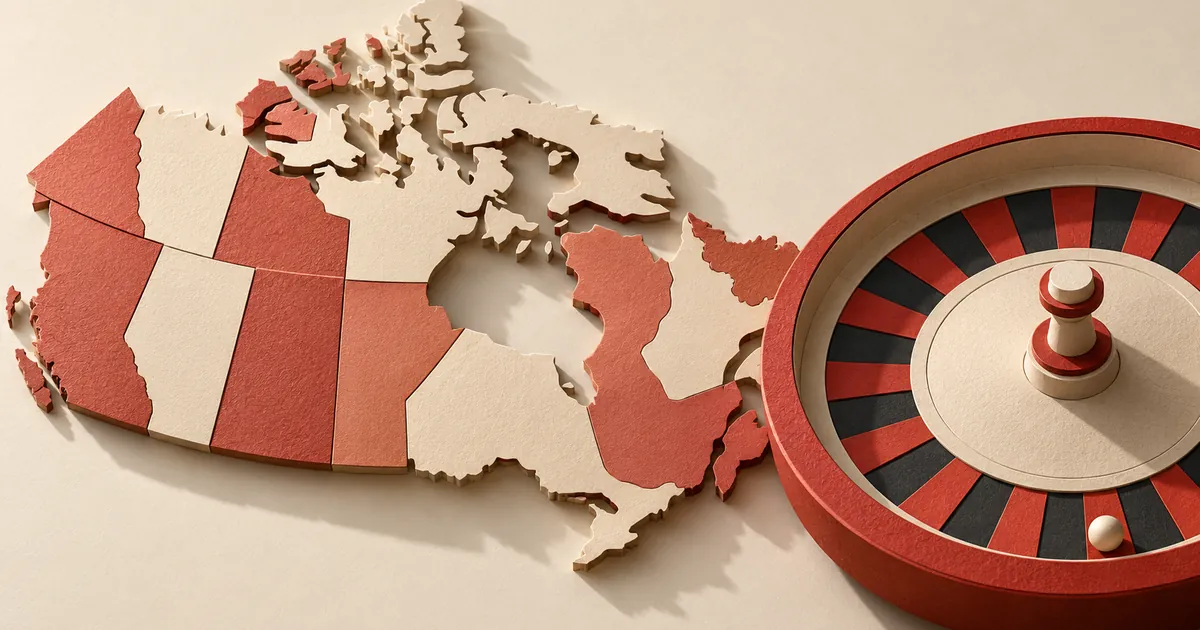 Paper-craft map of Canada split into provinces next to a red and black roulette wheel