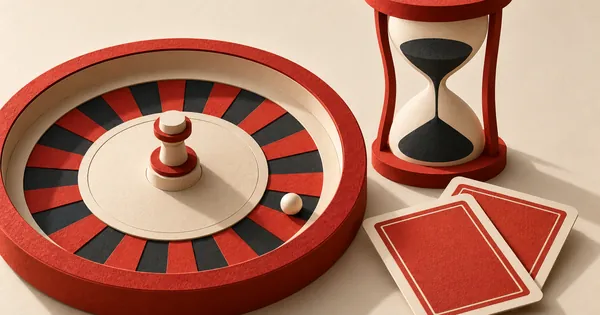 A roulette wheel, two face-down cards and an hourglass