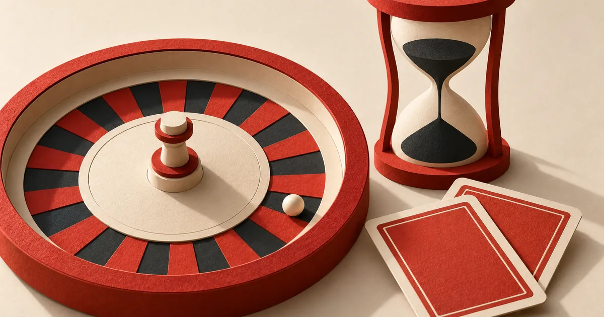 A roulette wheel, two face-down cards and an hourglass