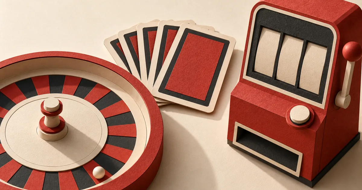 A roulette wheel, a fan of face-down cards and a slot machine in red paper craft