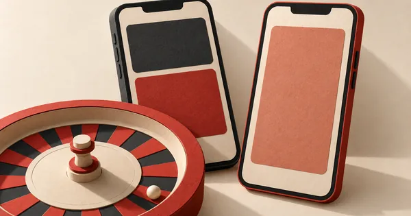 Two smartphones with different plain screens next to a roulette wheel