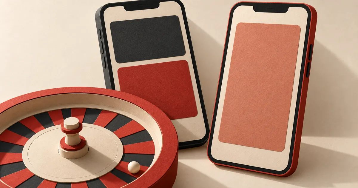 Two smartphones with different plain screens next to a roulette wheel