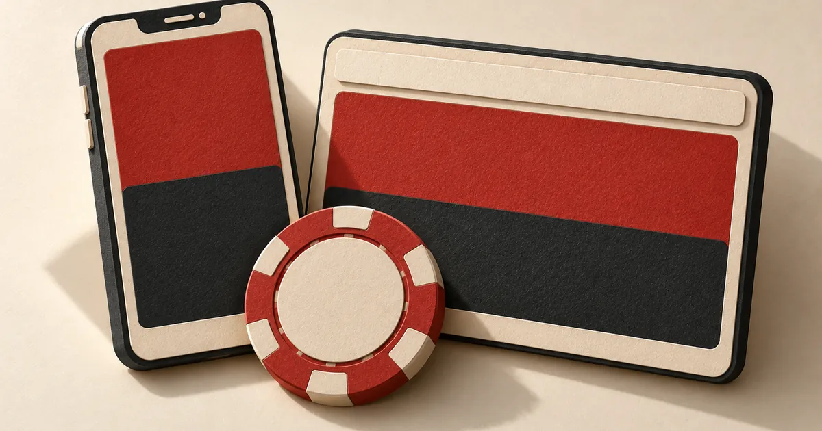A smartphone and a wide browser window with matching colour panels, a chip between them