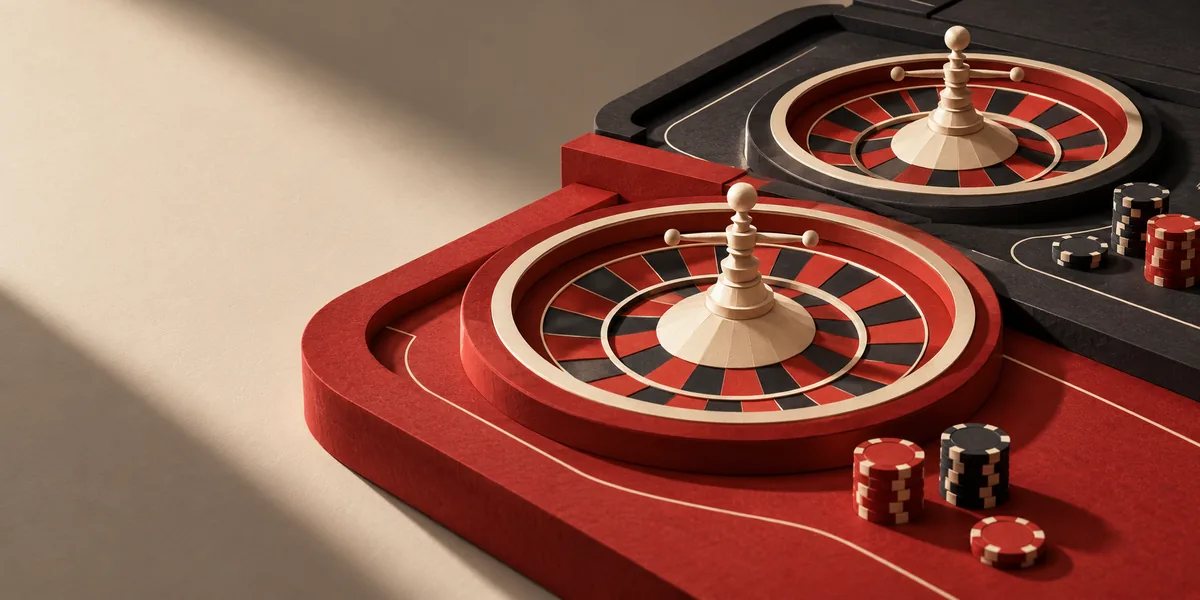Two paper roulette tables side by side, one red and one charcoal, with stacks of chips
